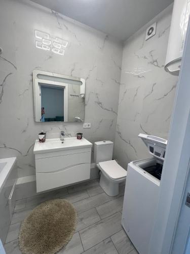a bathroom with a sink and a toilet and a mirror at Nika apartment in Odesa