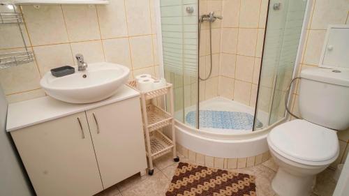 a bathroom with a sink and a toilet and a shower at Pokoje Gościnne Róża Wiatrów in Ustka