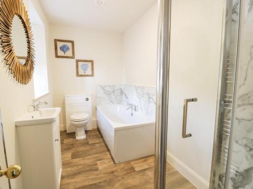 a white bathroom with a sink and a toilet at Saltflats Cottage - Rockcliffe in Dalbeattie