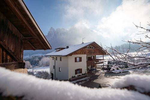 a house in the snow with a mountain in the background at Mesnerhof my Paradise in Fiè