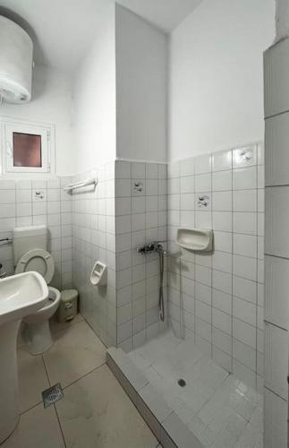 W łazience znajduje się prysznic, toaleta i umywalka. w obiekcie Andros escape - a cosy 1bed flat w mieście Gavrion