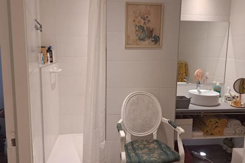 La salle de bains est pourvue d'une douche, d'une chaise et d'un lavabo. dans l'établissement Le Marquis - Centre historique - 3 chambres, à Avignon