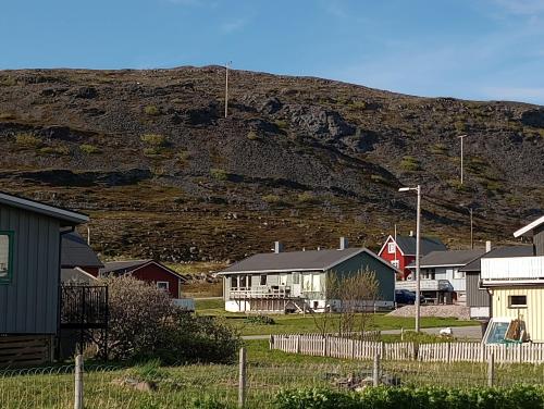 a village with houses and a mountain in the background at Kongsfjord Holiday Home in Kongsfjord