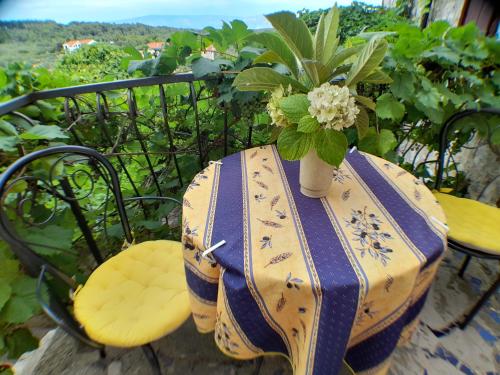 a table with a table cloth and a vase with flowers at Hvar Architect's House in Pitve