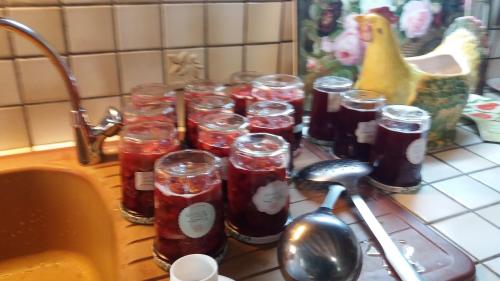 a group of jars of jam on a kitchen counter at Le moulin des cavaliers in La Rouquette