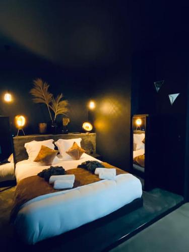 une chambre avec un grand lit et un miroir dans l'établissement La Shelby avec terrasse privée, à Bordeaux