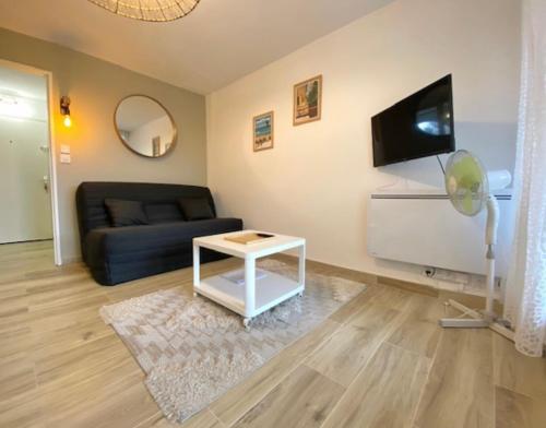 un salon avec un canapé, une télévision et une table dans l'établissement Studio rénové avec Terrasse 100m plage 50m Port, à Mauguio