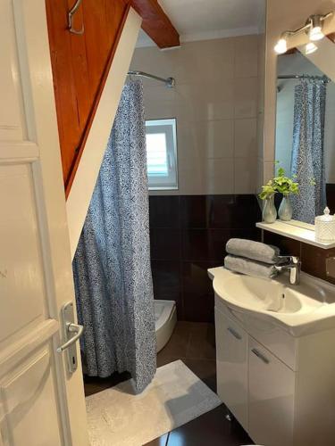 a bathroom with a blue shower curtain and a sink at Apartman Ezza in Lopud