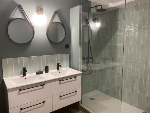 La salle de bains est pourvue d'un lavabo et d'une douche avec miroirs. dans l'établissement Appartement Centre Annecy 100m du lac, à Annecy