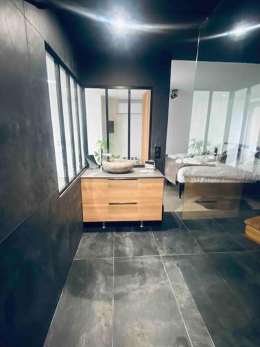 une salle de bain avec un lavabo et un grand miroir dans l'établissement La Nordique LE 50 Suites and SPA, à Bordeaux