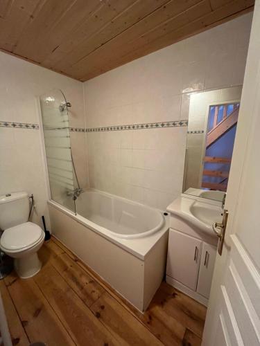 La salle de bains est pourvue de toilettes, d'une baignoire et d'un lavabo. dans l'établissement The Stable House Bourg d’Oisans -bike/hike/ski, au Bourg-dʼOisans