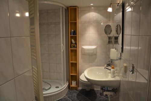 a bathroom with a sink and a shower and a toilet at Verlegerhaus Seiffen in Kurort Seiffen