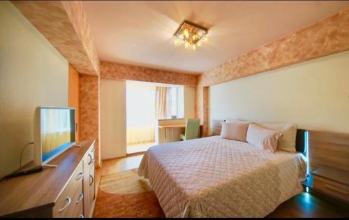 - une chambre avec un lit et une télévision à écran plat dans l'établissement Central Apartment 4 Rooms Brasov, à Braşov