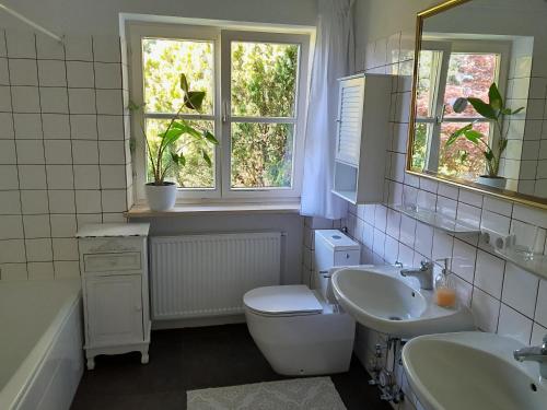 a bathroom with a toilet and a sink and a tub at Ferienwohnung mit Klavier Bodensee in Wasserburg am Bodensee