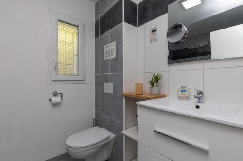 a white bathroom with a toilet and a sink at Etchetao in Boucau