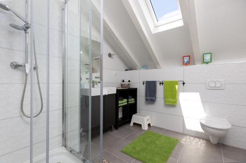 a bathroom with a shower and a sink and a toilet at Holiday Home Bezic in Grohote