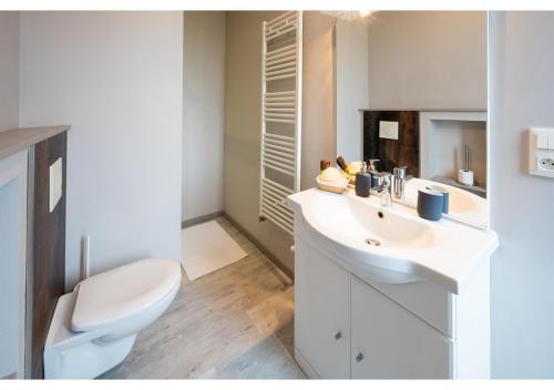 a white bathroom with a toilet and a sink at L'haussmannien, hyper centre 2 min à pied in Évreux