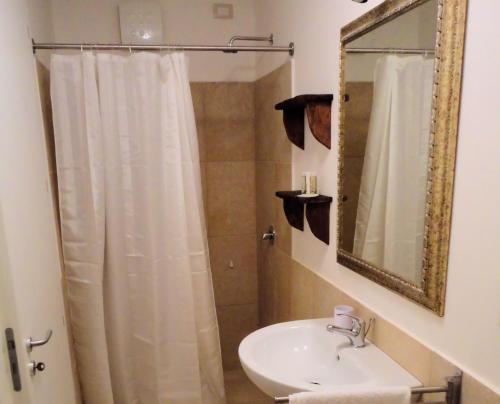 La salle de bains est pourvue d'un lavabo et d'une douche avec un miroir. dans l'établissement Palazzo San Giovanni, à Morciano di Leuca