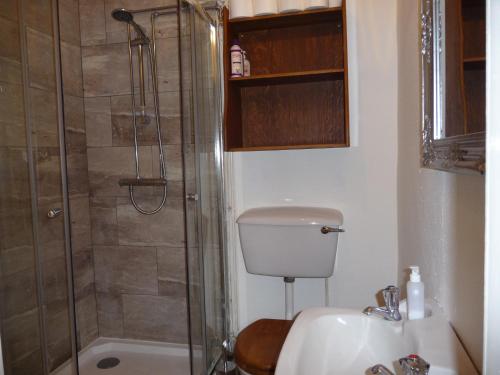 a bathroom with a shower and a toilet and a sink at Aberlour Cottages - Bolthole & Retreat in Aberlour