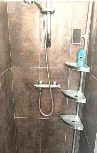 une douche avec pommeau de douche dans une salle de bain dans l'établissement Chantegarrigue, à Collorgues