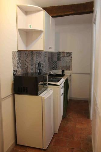 a small kitchen with a stove and white cabinets at Logement au coeur d'un haras avec accès à l'étang in Chassé