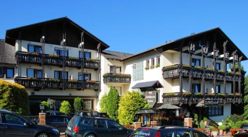 een groot gebouw met auto's geparkeerd voor het bij Hotel Schloessmann Garni in Bad König