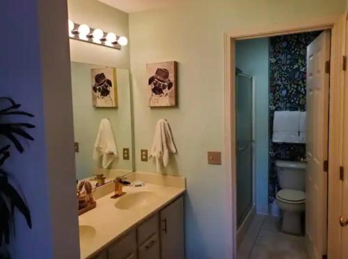 uma casa de banho com um lavatório, um WC e um espelho. em The Redhawk Hideaway: Charming 2BR Condo near Miami Univ in Oxford! Book now! em Oxford