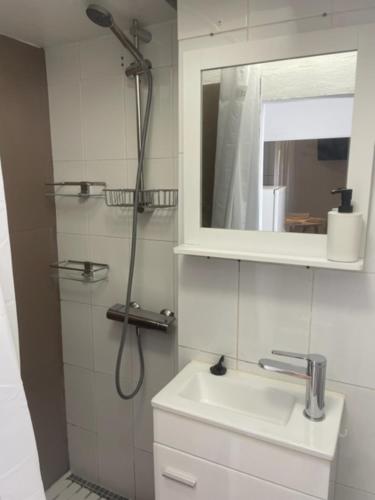 ein Bad mit einer Dusche, einem Waschbecken und einem Spiegel in der Unterkunft Wine Inn Casa da Vila in Sintra