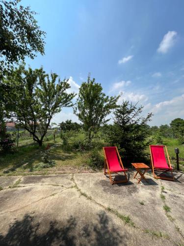 twee rode stoelen en een tafel in een veld bij Gugi House in Borča