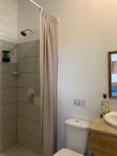 a bathroom with a toilet and a shower and a sink at Hotel Casa Lucca in Medellín