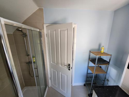 a bathroom with a shower and a glass door at Woodborough road close to city in Nottingham