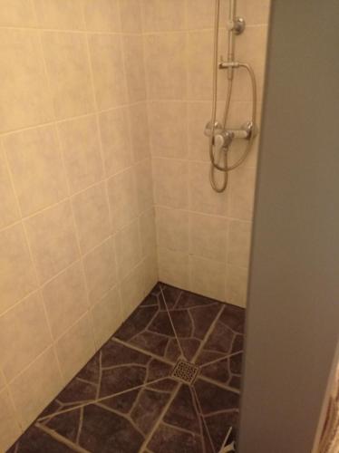a bathroom with a shower with a tiled floor at Studio Mahogany in Sainte-Anne