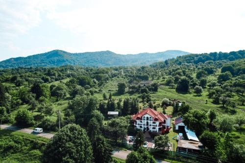 an aerial view of a house in the mountains at Casa cu Elefanți in Corbşori