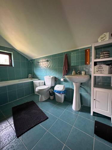 a bathroom with two toilets and a sink and a tub at Ollie's Mountain Chalet in Buşteni