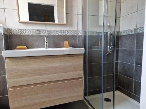 une salle de bain avec un lavabo et une douche dans l'établissement Le 4.01 proche centre, à Lannion