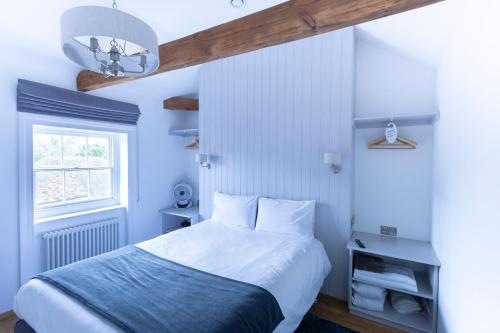 een slaapkamer met blauwe muren en een bed en een raam bij Apartment 6 at Number 8: City centre, 1 bedroom, sofa bed in lounge in Kent