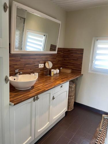 une salle de bain avec un lavabo et un miroir dans l'établissement Loue charmante maison de vacances à 10 mns de Bellême (61), à Saint-Martin-du-Vieux-Bellême
