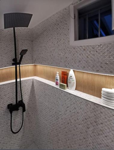 a bathroom with a shower and a sink at Keti's home in Athens