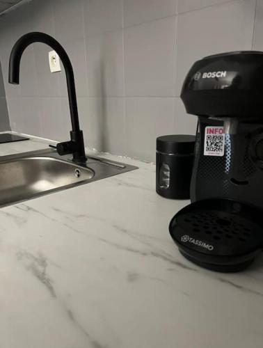 - un comptoir de cuisine avec une cafetière à côté d'un évier dans l'établissement Duplex lumineux à Compans - proche Capitole - metro, université à pied - wifi & entrée autonome, à Toulouse
