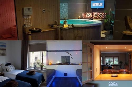 two pictures of a hotel room with a tub at Waterhill's Bed & Wellness in Dinteloord