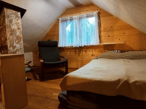 1 dormitorio con 1 cama, 1 silla y 1 ventana en Namiņš Guntas, en Uguņi