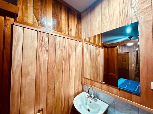 a bathroom with wooden walls and a sink and a mirror at Residencial Coya in David