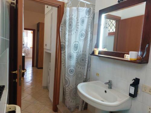 a bathroom with a sink and a mirror at casa delle margherite Ladispoli in Ladispoli