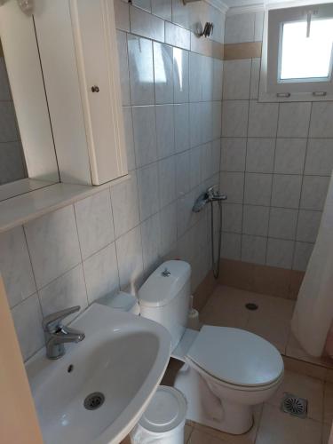 uma casa de banho com um WC branco e um lavatório. em Seaview Saravari Studios em Áyios Aléxandros