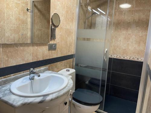 La salle de bains est pourvue d'un lavabo, de toilettes et d'une douche. dans l'établissement Apartamento Cabañas 1, à Dénia