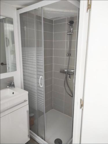 une douche avec une porte vitrée à côté d'un lavabo dans l'établissement Duplex hypercentre avec parking, à Rouen