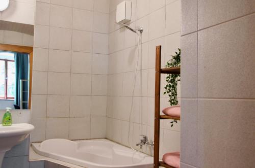 a bathroom with a bath tub and a sink at Elephants Apartments in Bratislava