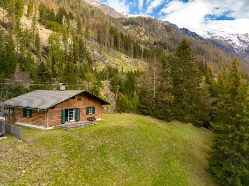 una cabaña en medio de un campo con una montaña en Gemütliches Ferienhaus im Defereggental, 