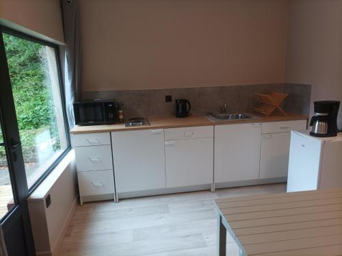 eine Küche mit weißen Schränken, einem Waschbecken und einem Fenster in der Unterkunft Le petit chez-vous in La Rivière Saint Sauveur