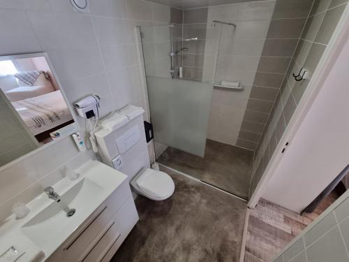 ein Bad mit einer Dusche, einem WC und einem Waschbecken in der Unterkunft Cit'Hotel Les Atlantes in Médis